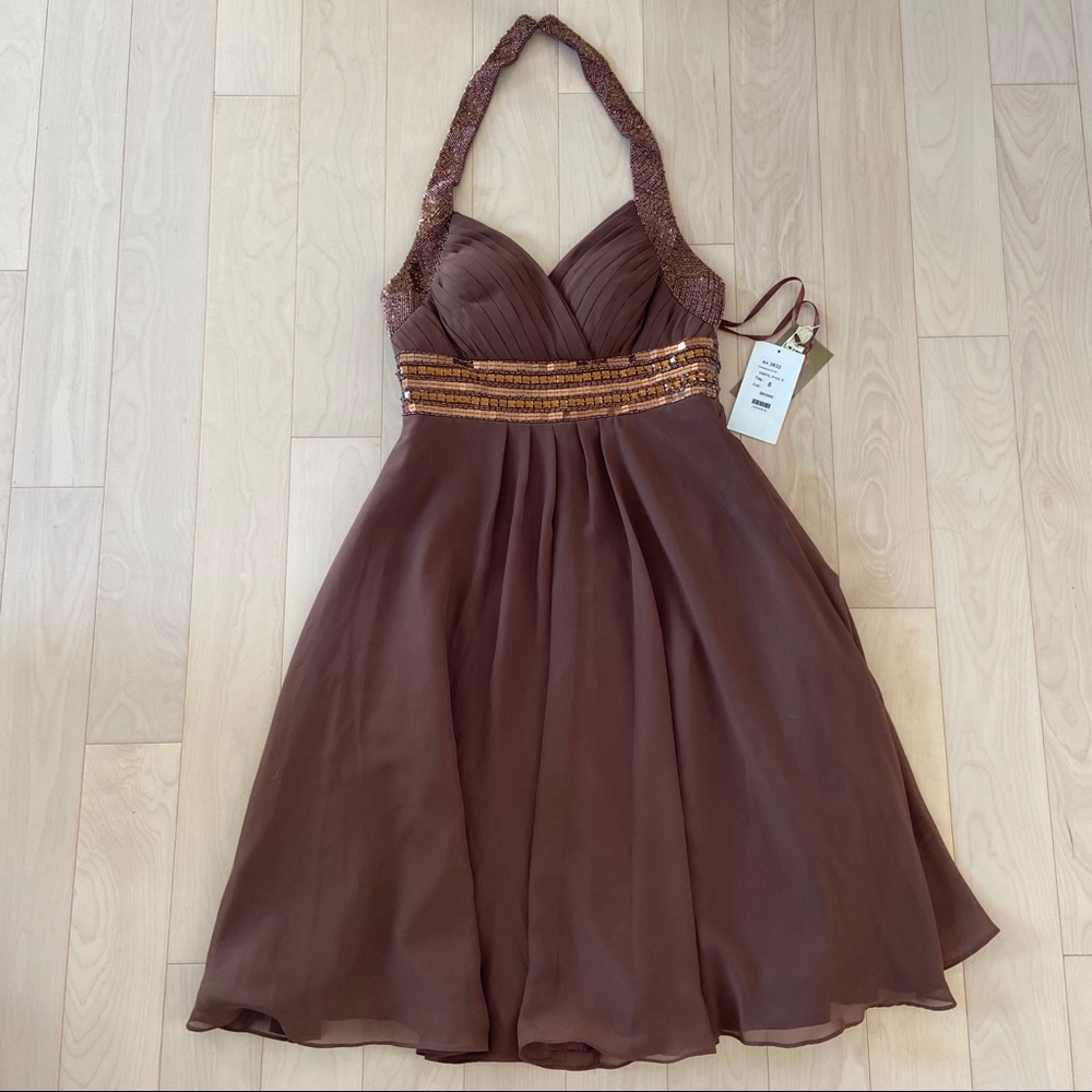 LARA Brown Halter Mini Dress with Sequin Waistband